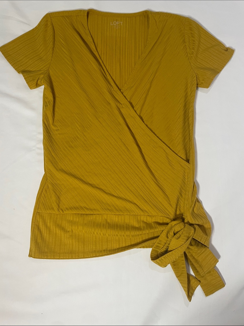 LOFT Mustard Wrap Tie Short Sleeve Blouse